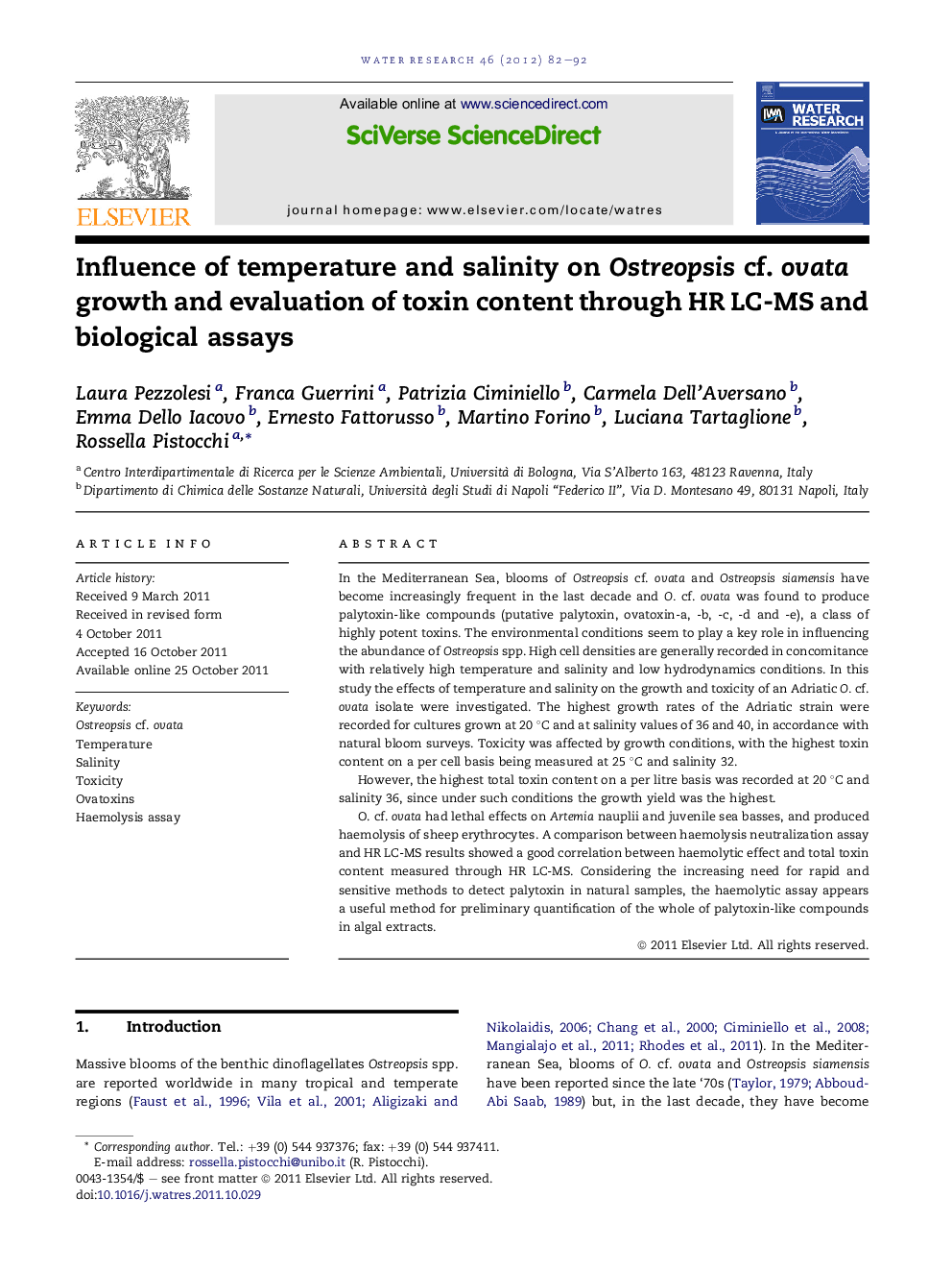 Influence of temperature and salinity on Ostreopsis cf. ovata growth and evaluation of toxin content through HR LC-MS and biological assays