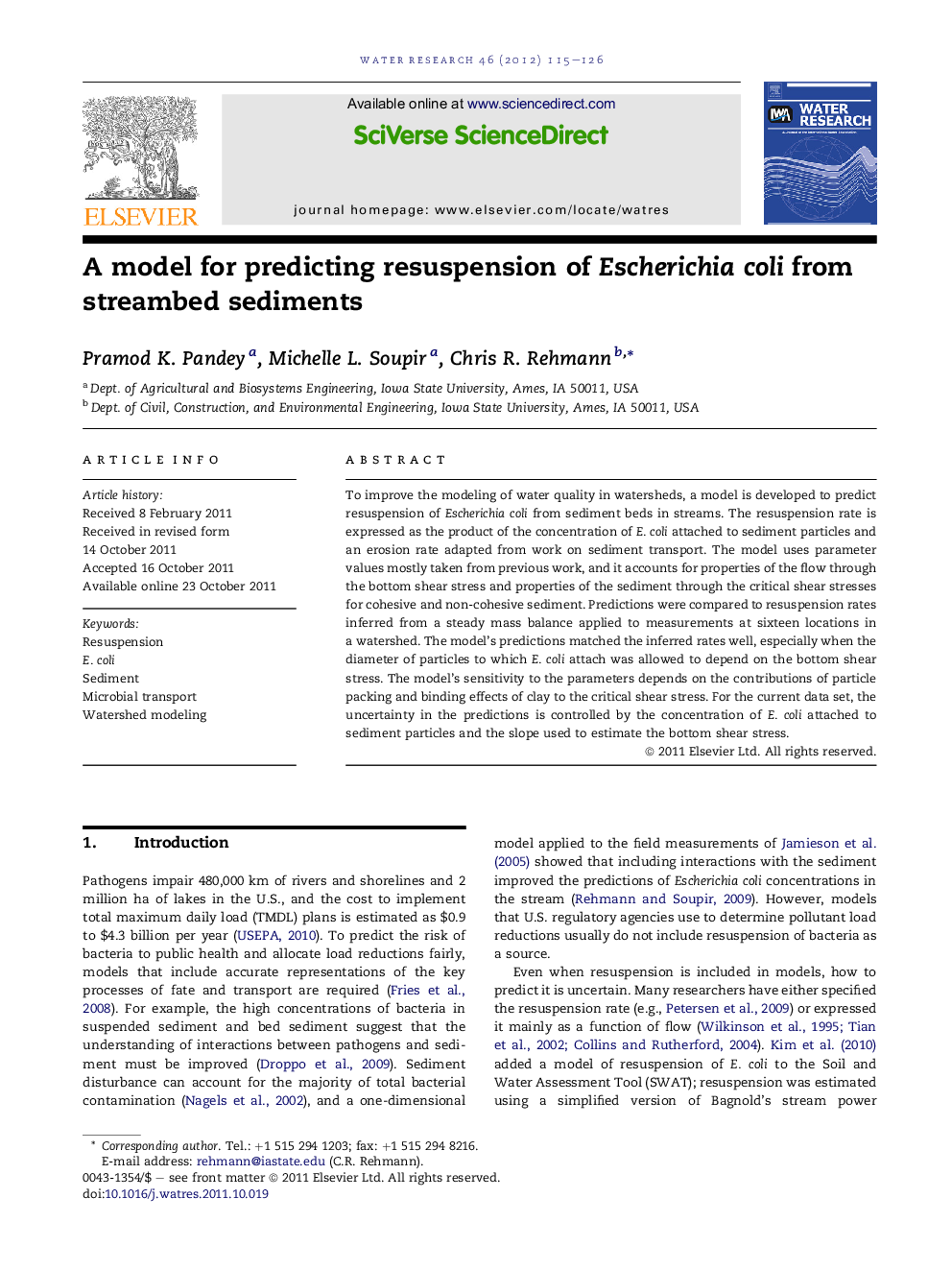عکس صفحه اول مقاله: A model for predicting resuspension of Escherichia coli from streambed sediments A model for predicting resuspension of Escherichia coli from streambed sediments