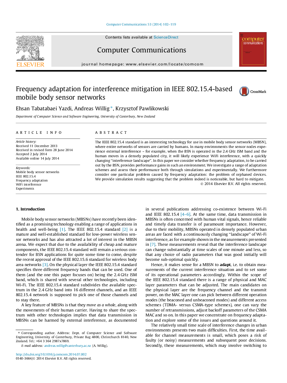 Frequency adaptation for interference mitigation in IEEE 802.15.4-based mobile body sensor networks