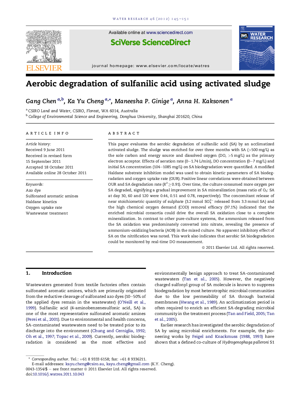 Aerobic degradation of sulfanilic acid using activated sludge