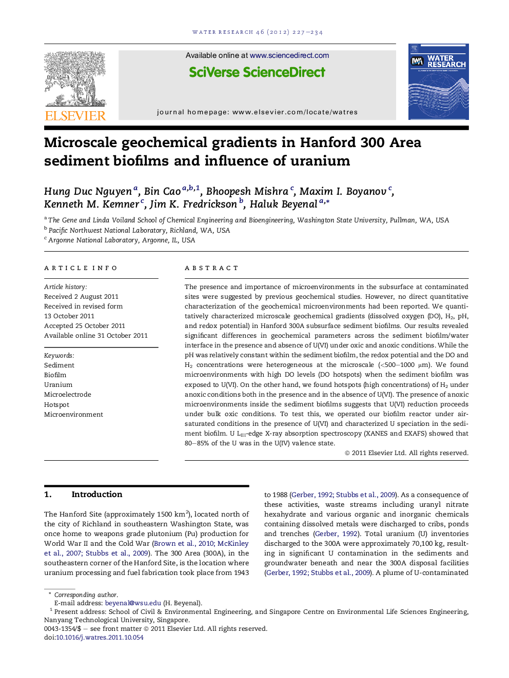 Microscale geochemical gradients in Hanford 300 Area sediment biofilms and influence of uranium