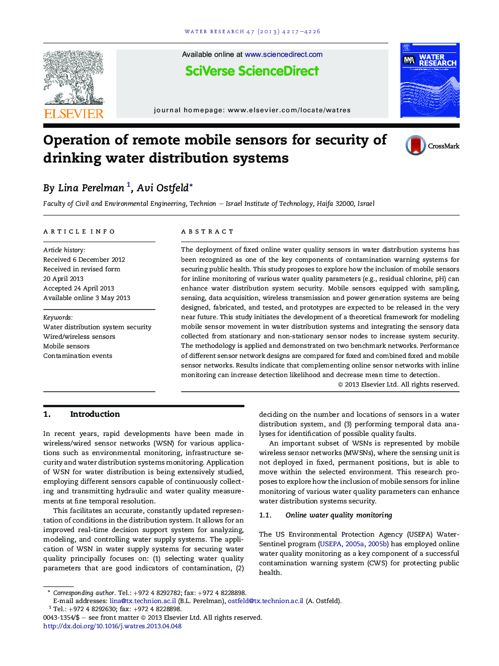 Operation of remote mobile sensors for security of drinking water distribution systems