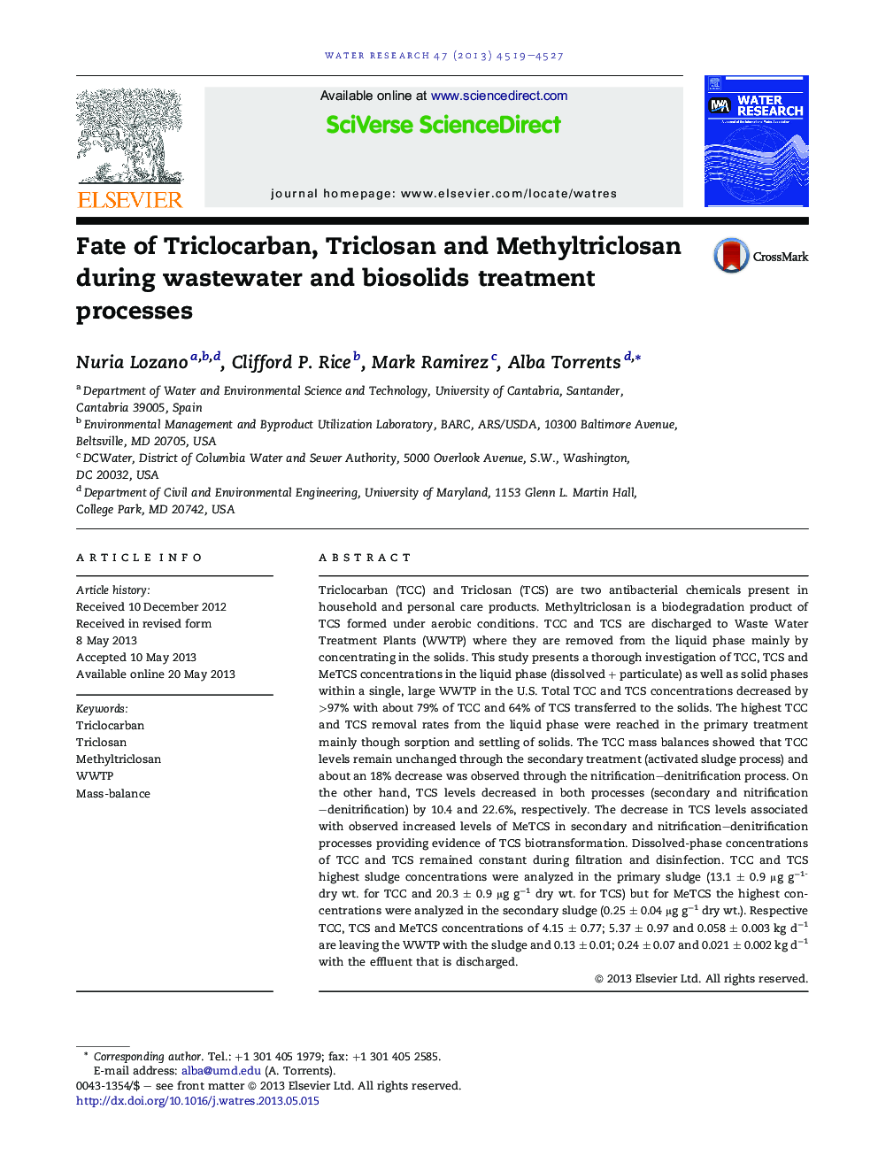 Fate of Triclocarban, Triclosan and Methyltriclosan during wastewater and biosolids treatment processes