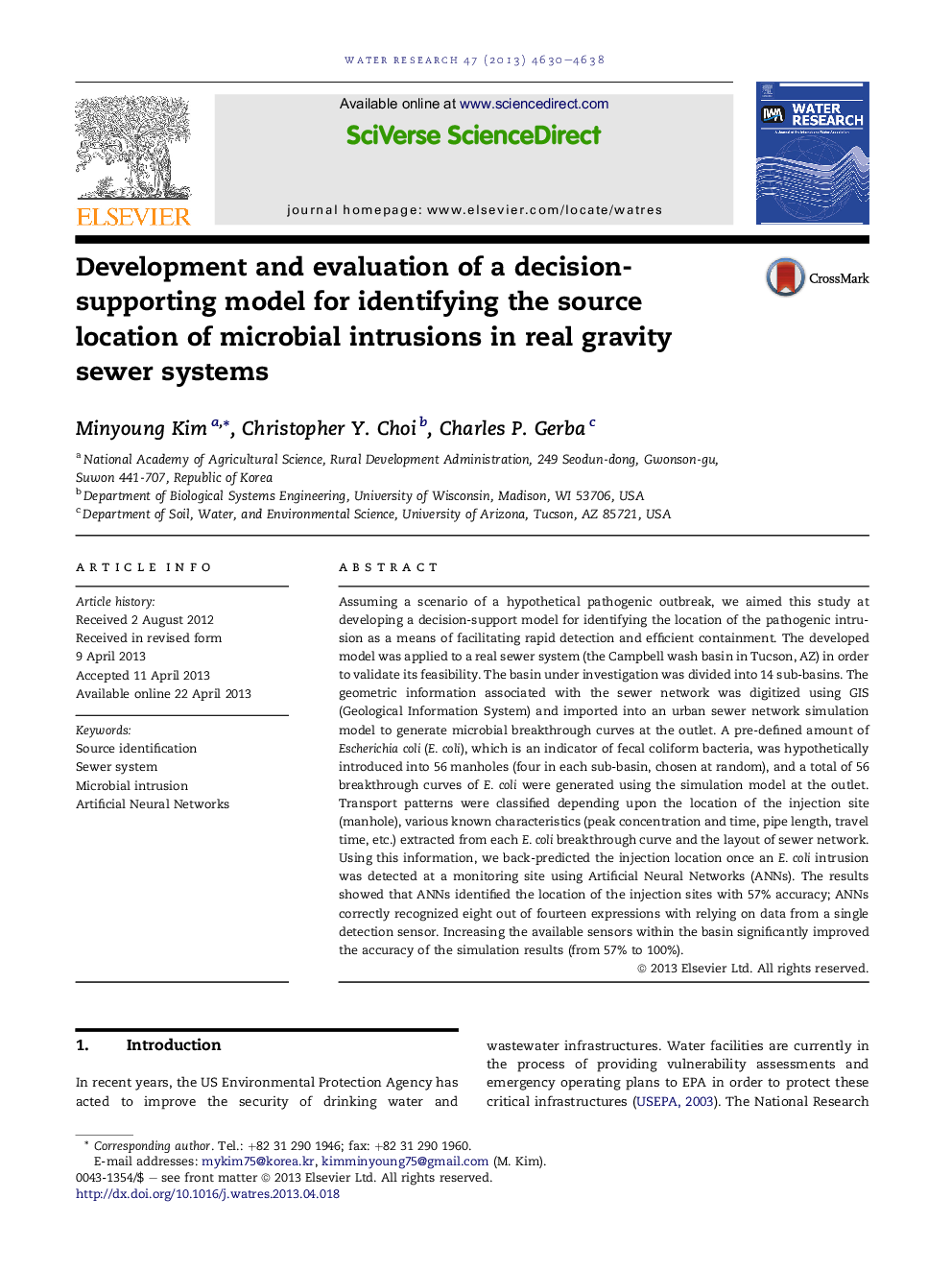 Development and evaluation of a decision-supporting model for identifying the source location of microbial intrusions in real gravity sewer systems