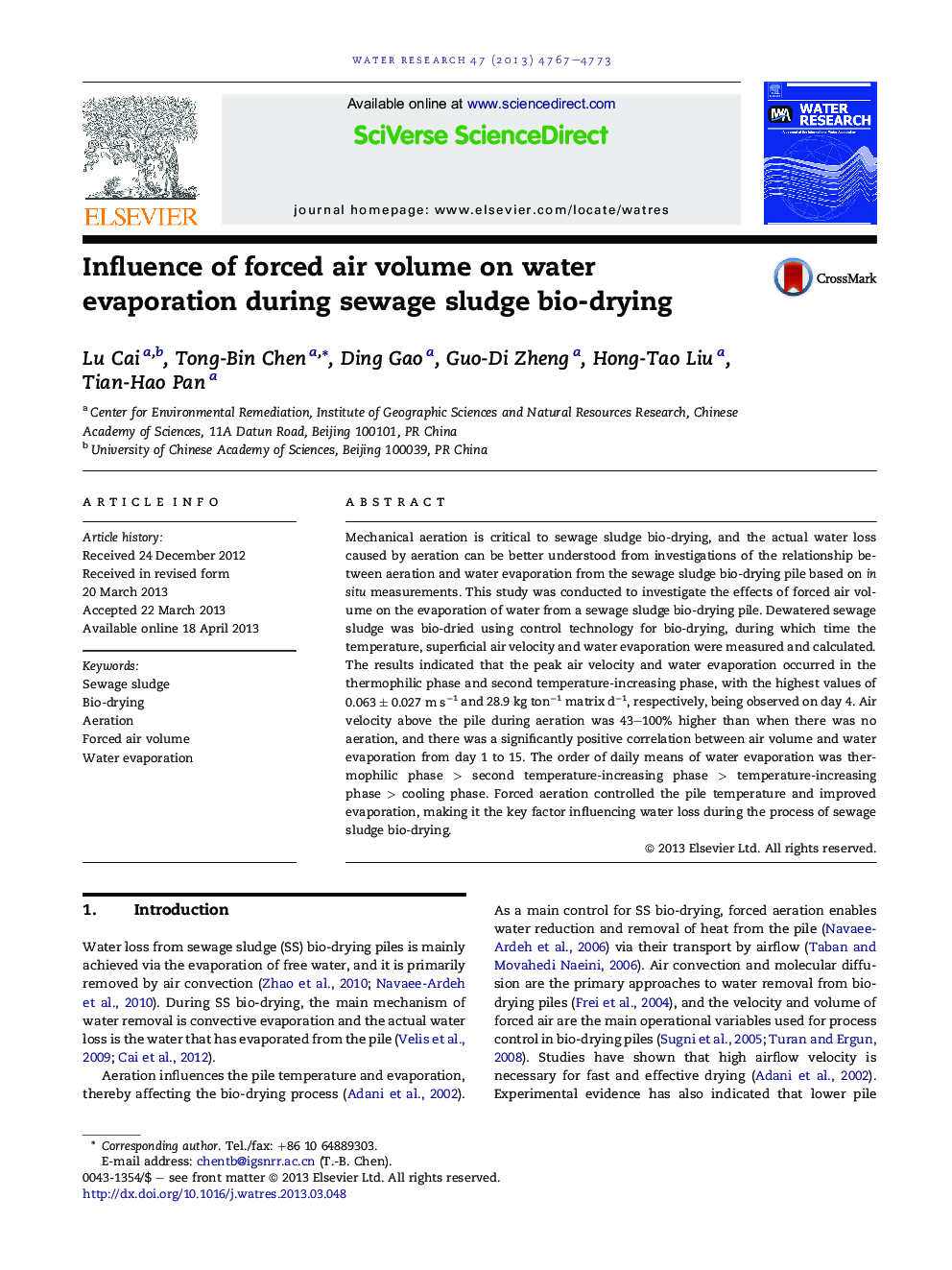 Influence of forced air volume on water evaporation during sewage sludge bio-drying