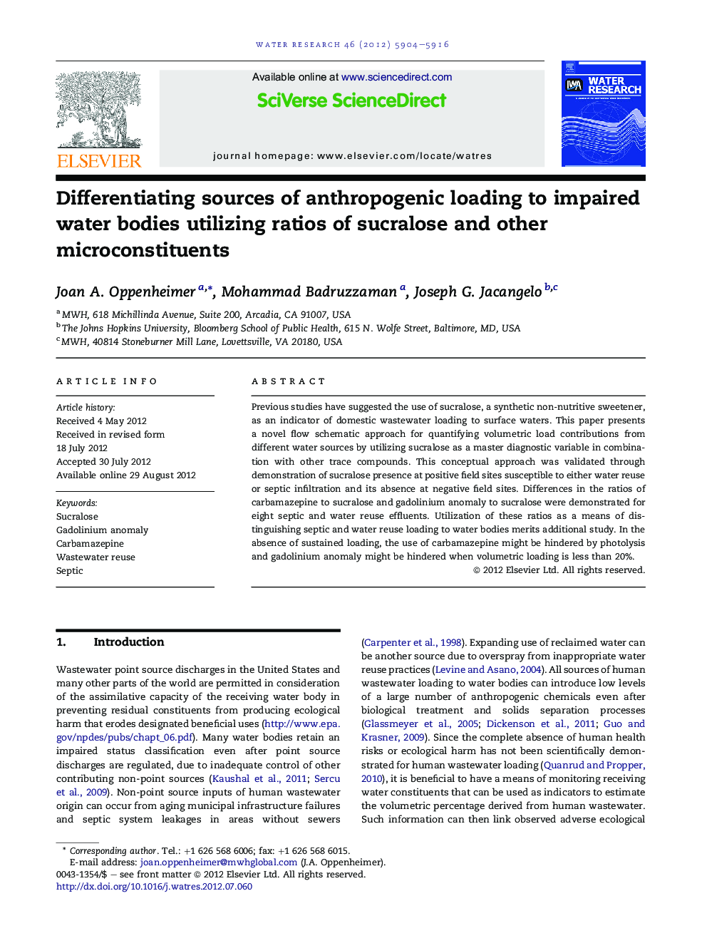 Differentiating sources of anthropogenic loading to impaired water bodies utilizing ratios of sucralose and other microconstituents