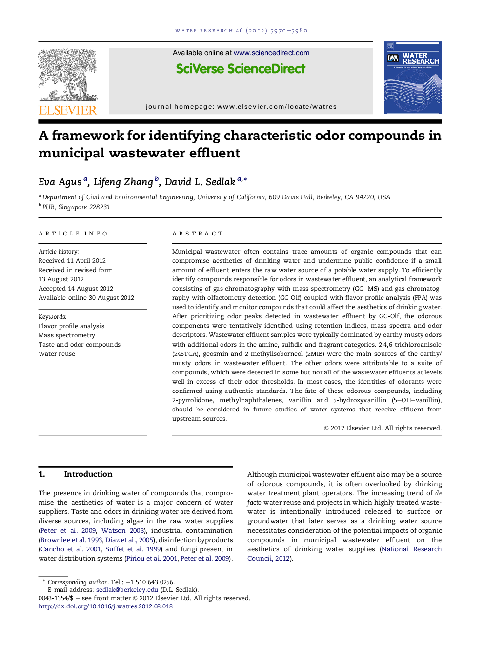 A framework for identifying characteristic odor compounds in municipal wastewater effluent