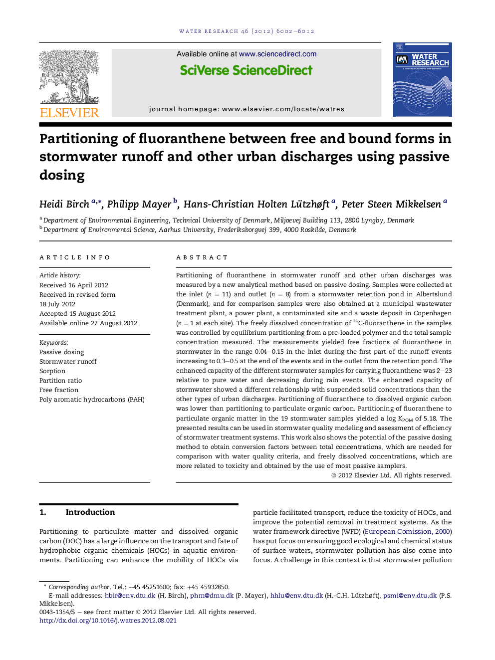 Partitioning of fluoranthene between free and bound forms in stormwater runoff and other urban discharges using passive dosing