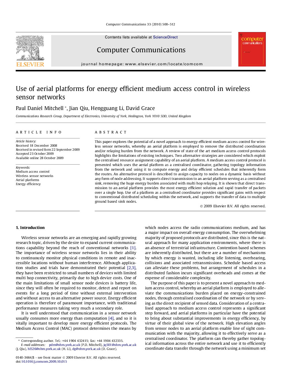 Use of aerial platforms for energy efficient medium access control in wireless sensor networks