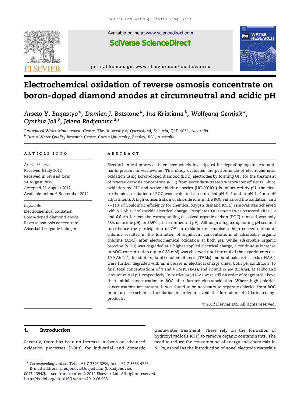 Electrochemical oxidation of reverse osmosis concentrate on boron-doped diamond anodes at circumneutral and acidic pH