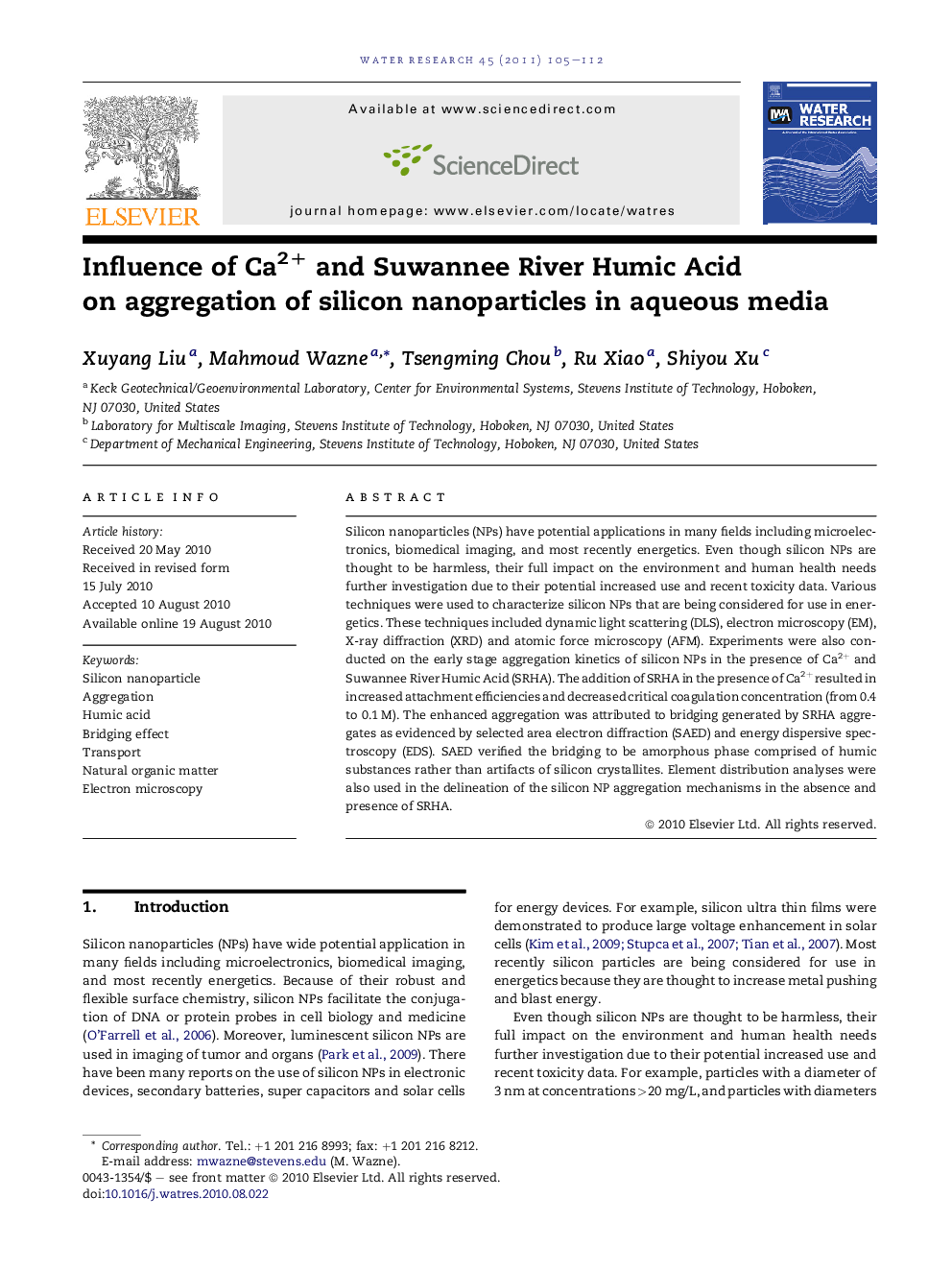 Influence of Ca2+ and Suwannee River Humic Acid on aggregation of silicon nanoparticles in aqueous media