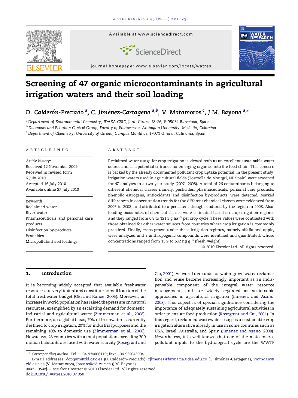 Screening of 47 organic microcontaminants in agricultural irrigation waters and their soil loading