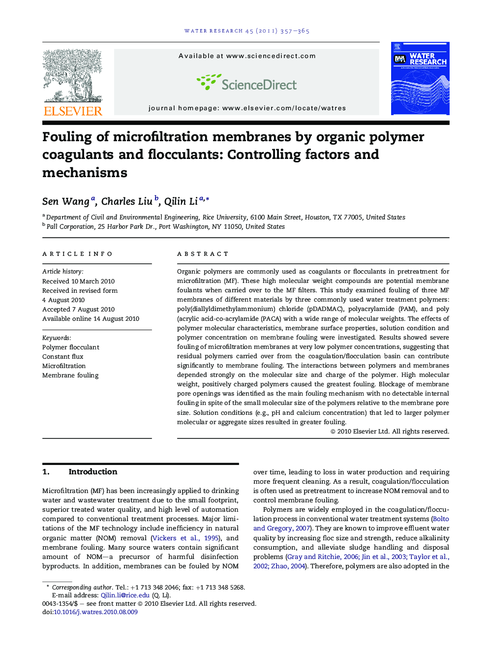 Fouling of microfiltration membranes by organic polymer coagulants and flocculants: Controlling factors and mechanisms