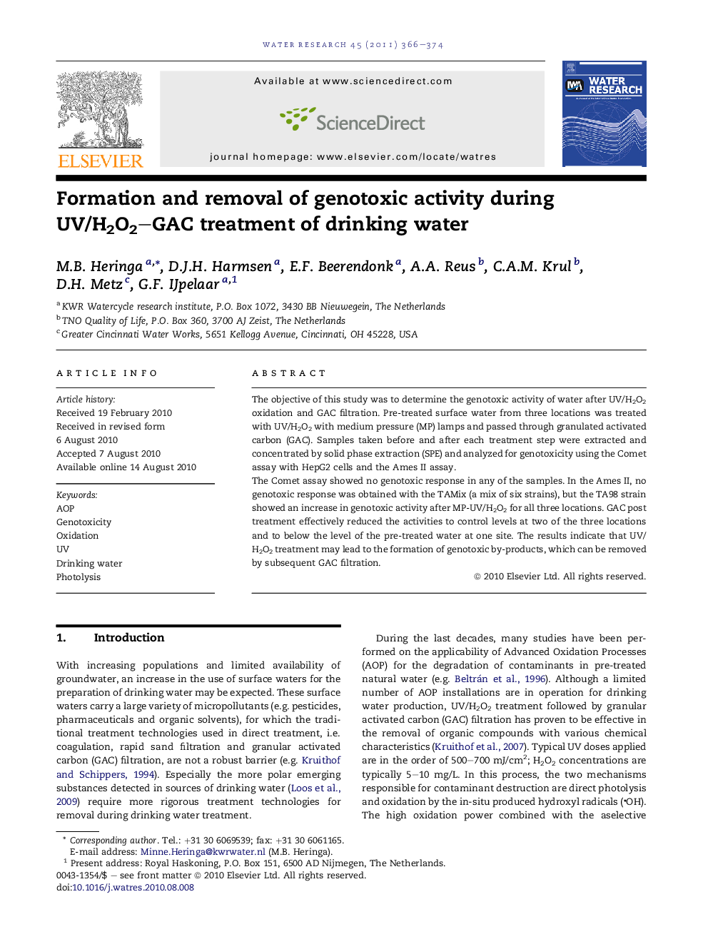 Formation and removal of genotoxic activity during UV/H2O2–GAC treatment of drinking water