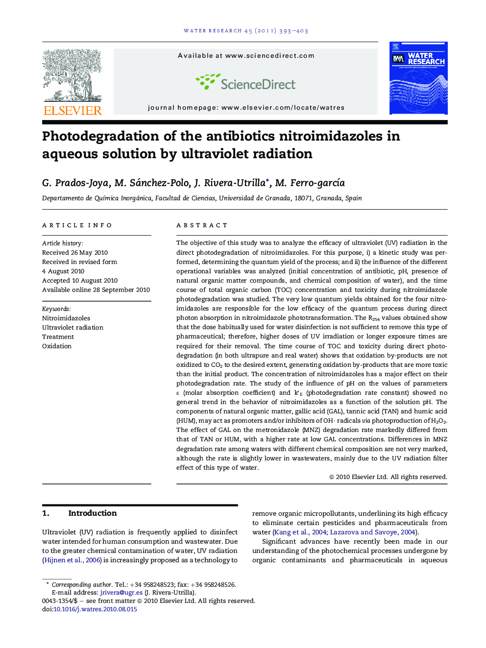 Photodegradation of the antibiotics nitroimidazoles in aqueous solution by ultraviolet radiation