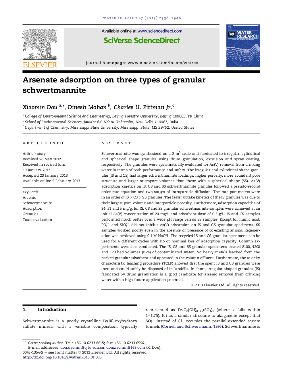 Arsenate adsorption on three types of granular schwertmannite