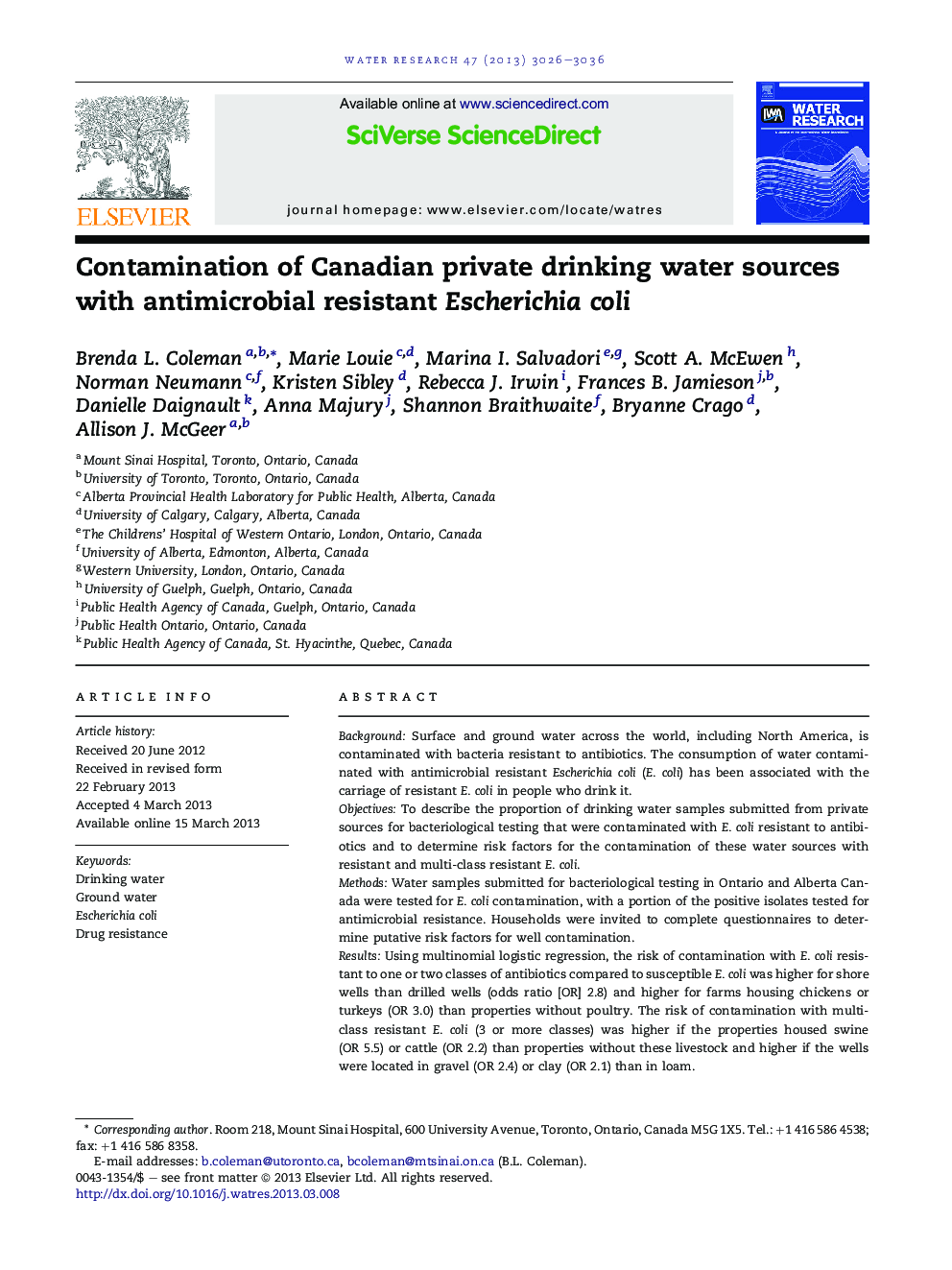 Contamination of Canadian private drinking water sources with antimicrobial resistant Escherichia coli