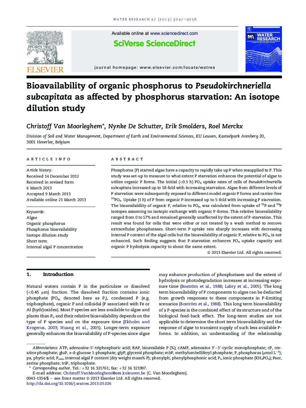 Bioavailability of organic phosphorus to Pseudokirchneriella subcapitata as affected by phosphorus starvation: An isotope dilution study