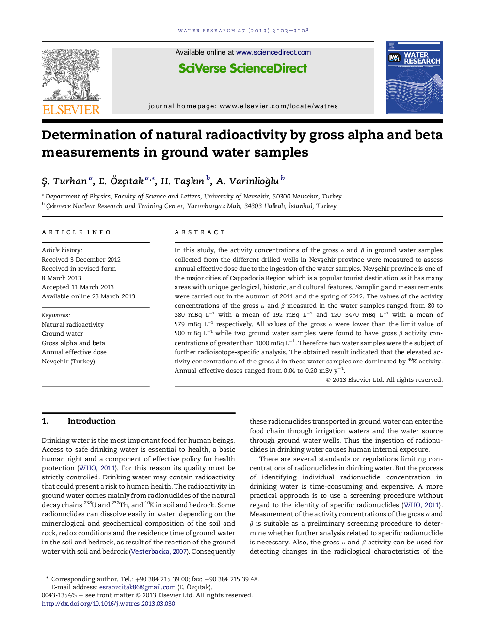 Determination of natural radioactivity by gross alpha and beta measurements in ground water samples