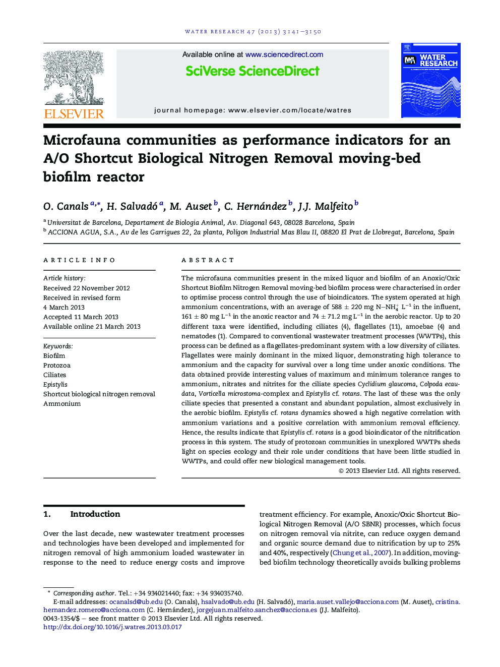 Microfauna communities as performance indicators for an A/O Shortcut Biological Nitrogen Removal moving-bed biofilm reactor