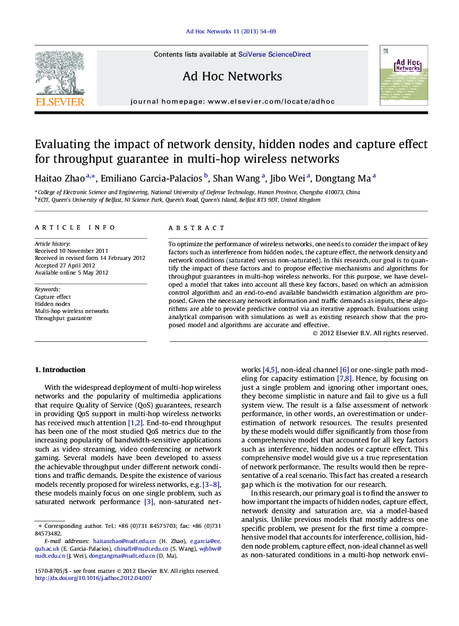 عکس صفحه اول مقاله: Evaluating the impact of network density, hidden nodes and capture effect for throughput guarantee in multi-hop wireless networks Evaluating the impact of network density, hidden nodes and capture effect for throughput guarantee in multi-hop wireless networks