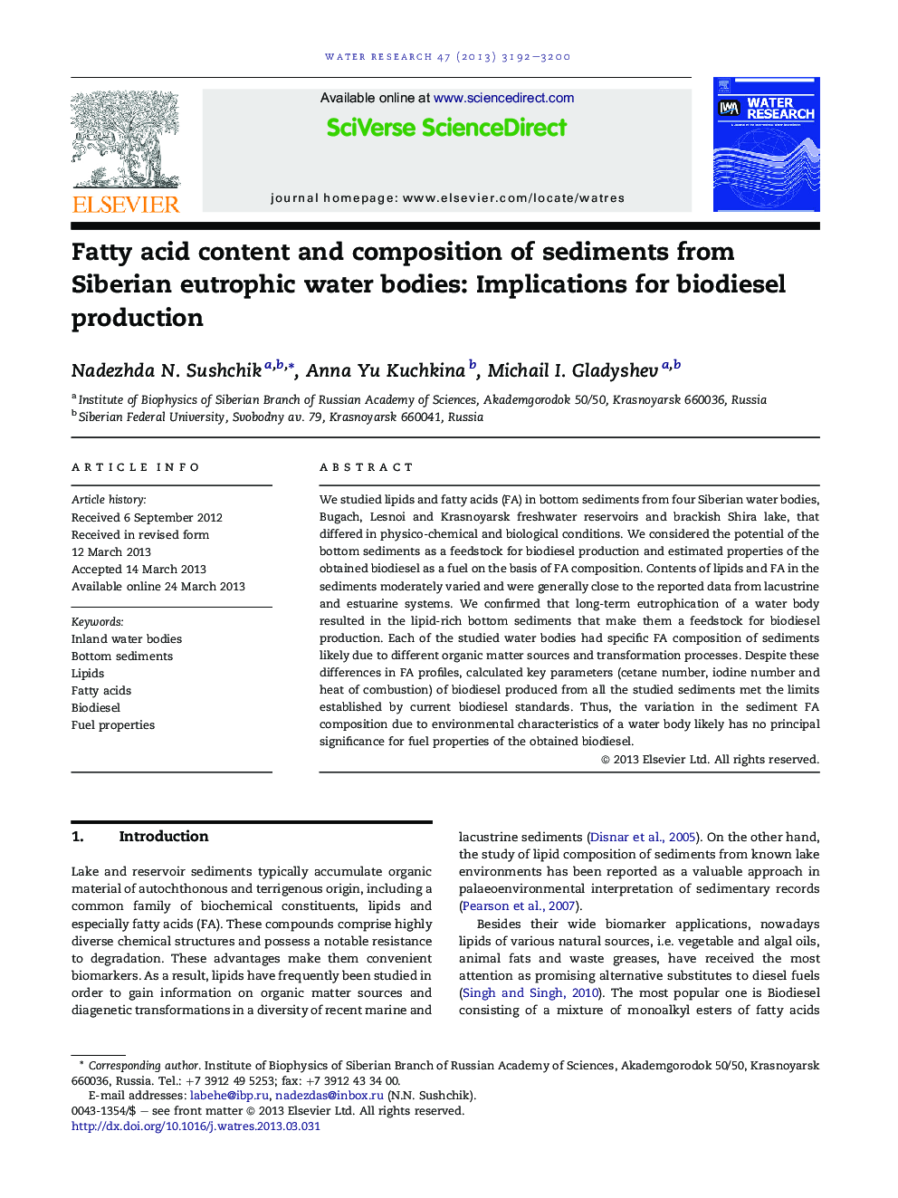 Fatty acid content and composition of sediments from Siberian eutrophic water bodies: Implications for biodiesel production