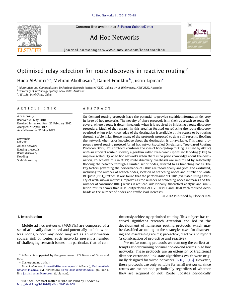 Optimised relay selection for route discovery in reactive routing 