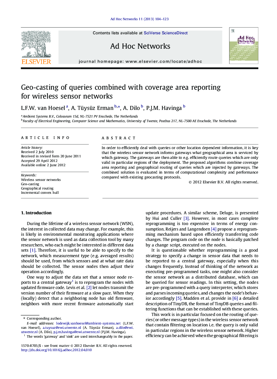 Geo-casting of queries combined with coverage area reporting for wireless sensor networks