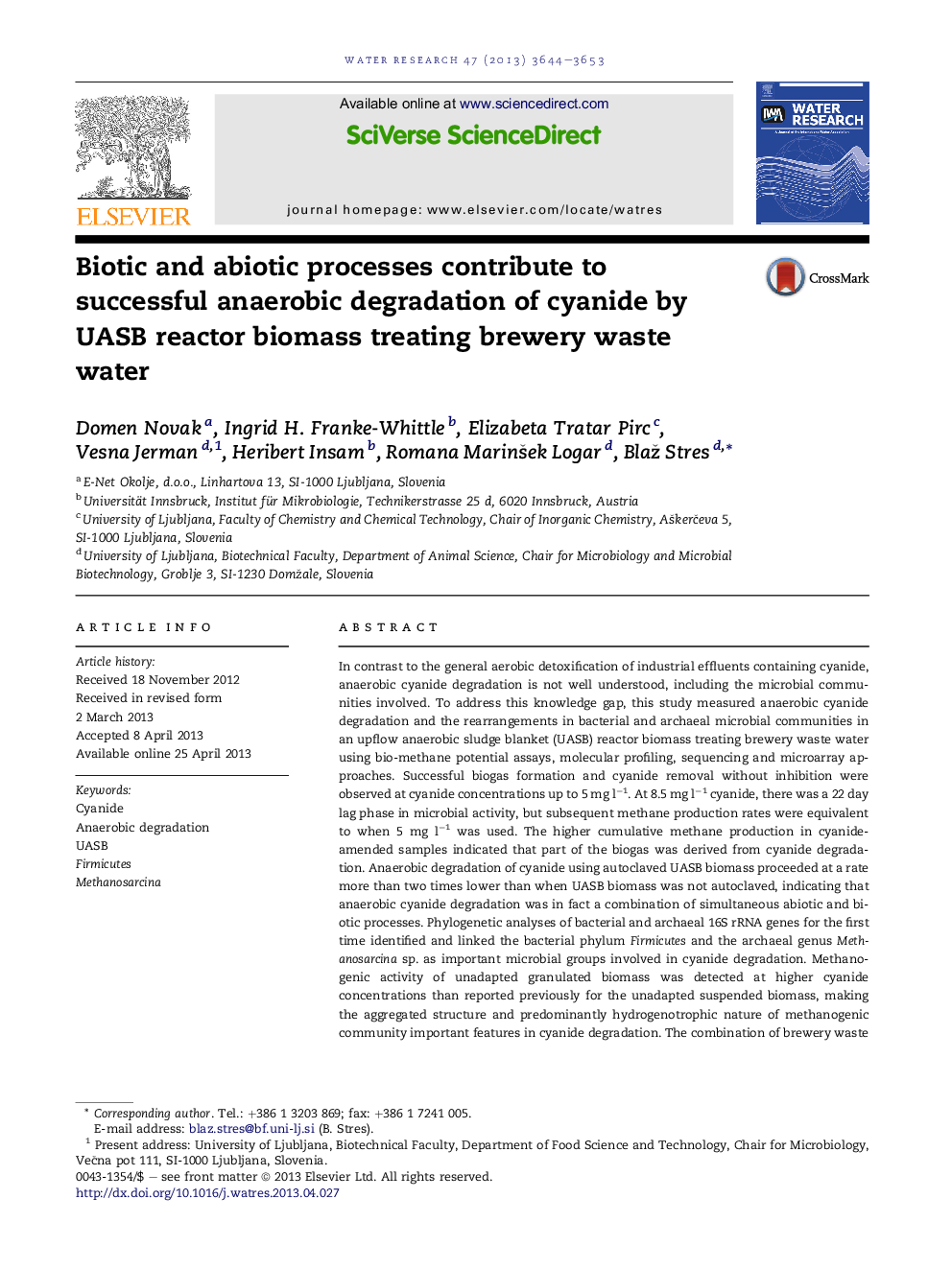 Biotic and abiotic processes contribute to successful anaerobic degradation of cyanide by UASB reactor biomass treating brewery waste water