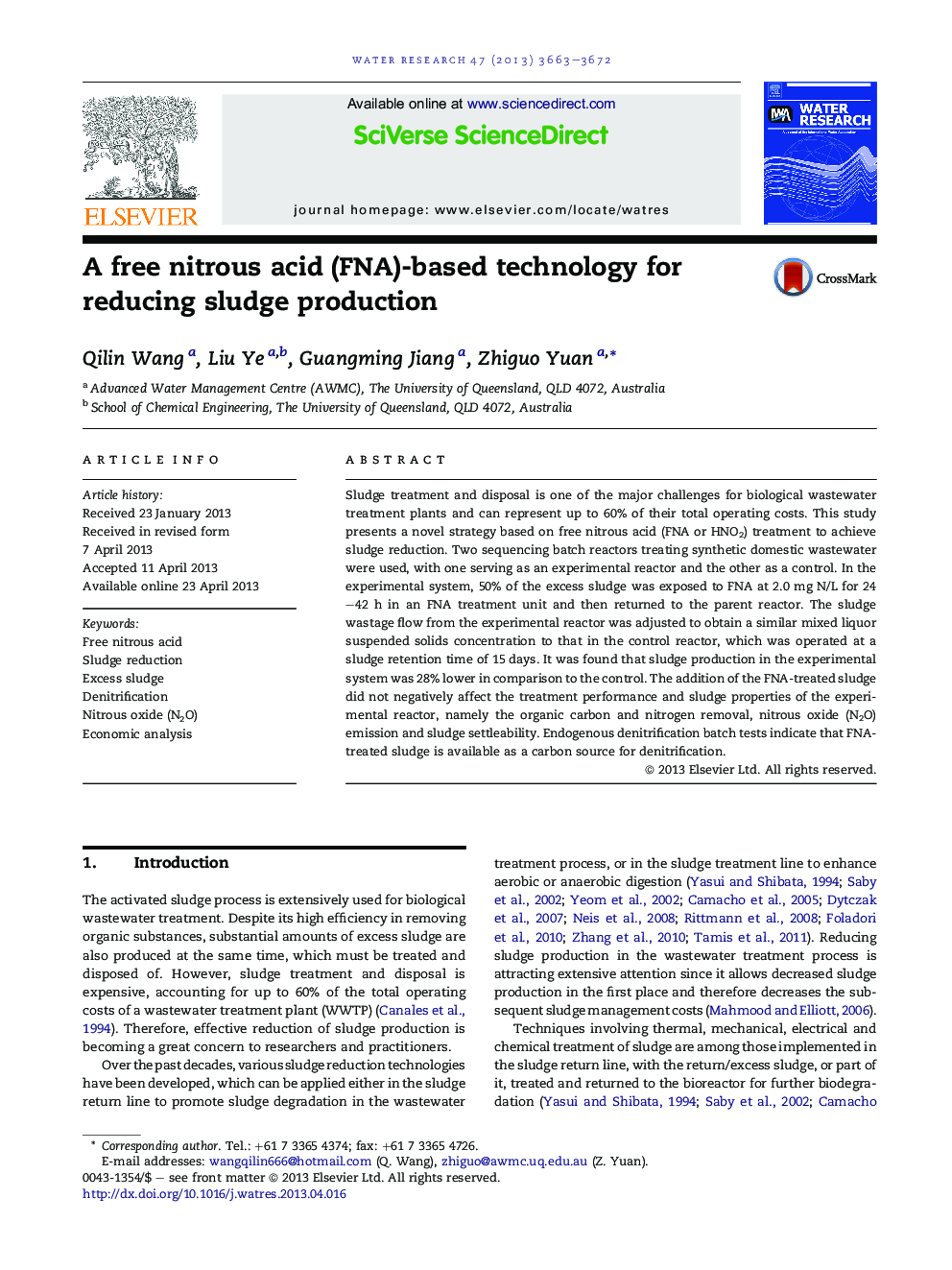 A free nitrous acid (FNA)-based technology for reducing sludge production