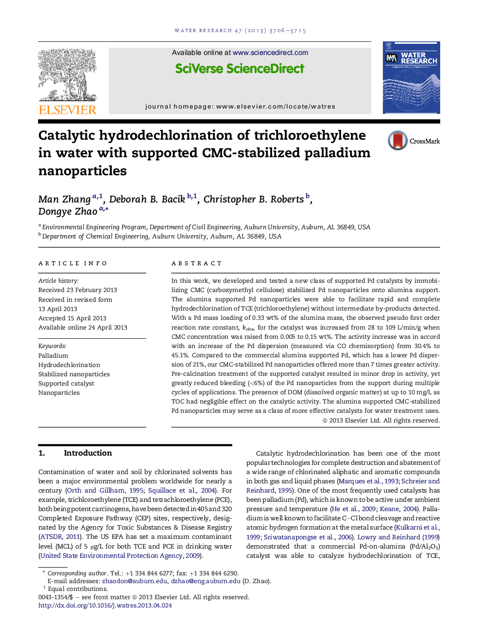 Catalytic hydrodechlorination of trichloroethylene in water with supported CMC-stabilized palladium nanoparticles