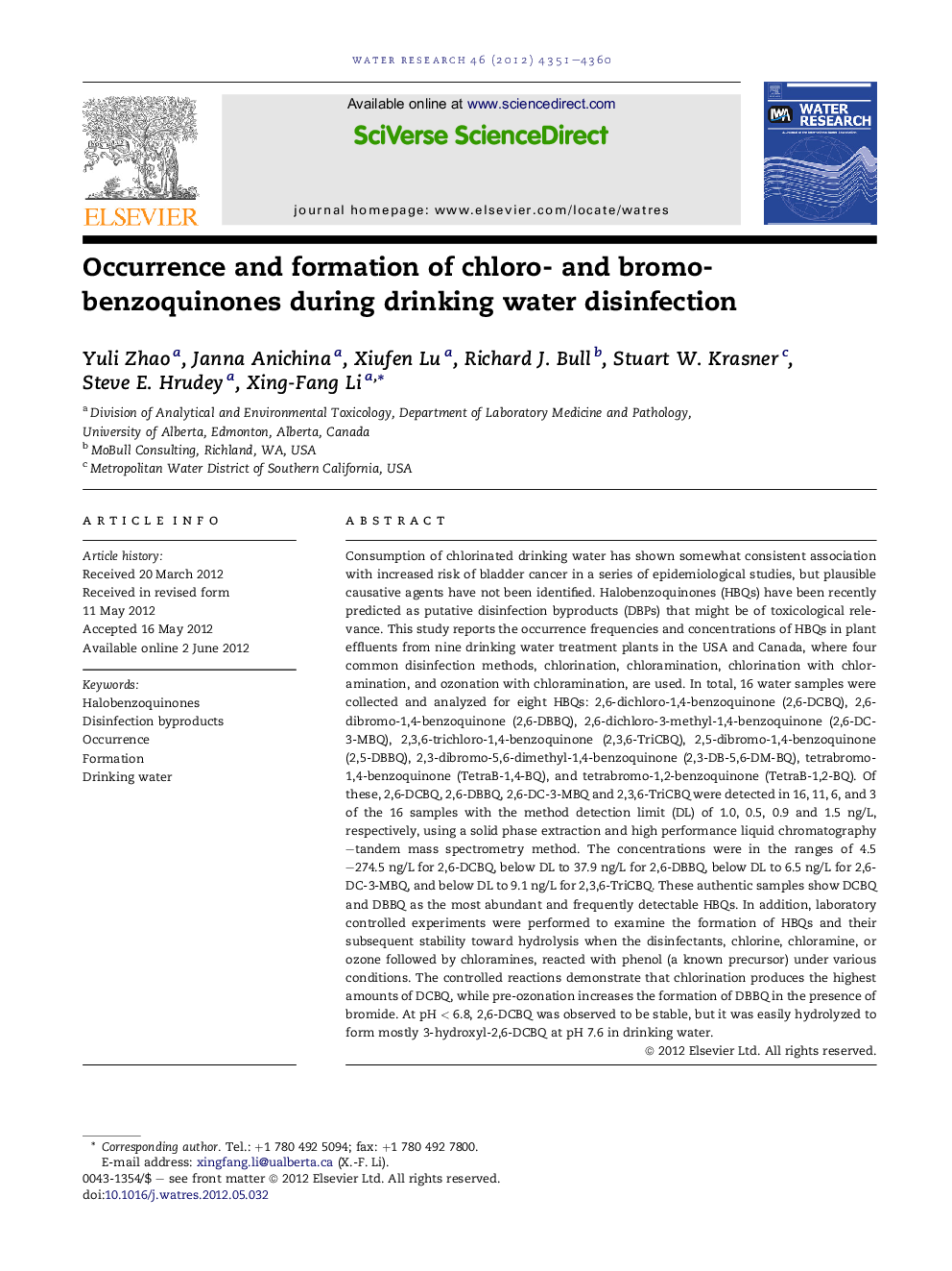 Occurrence and formation of chloro- and bromo-benzoquinones during drinking water disinfection