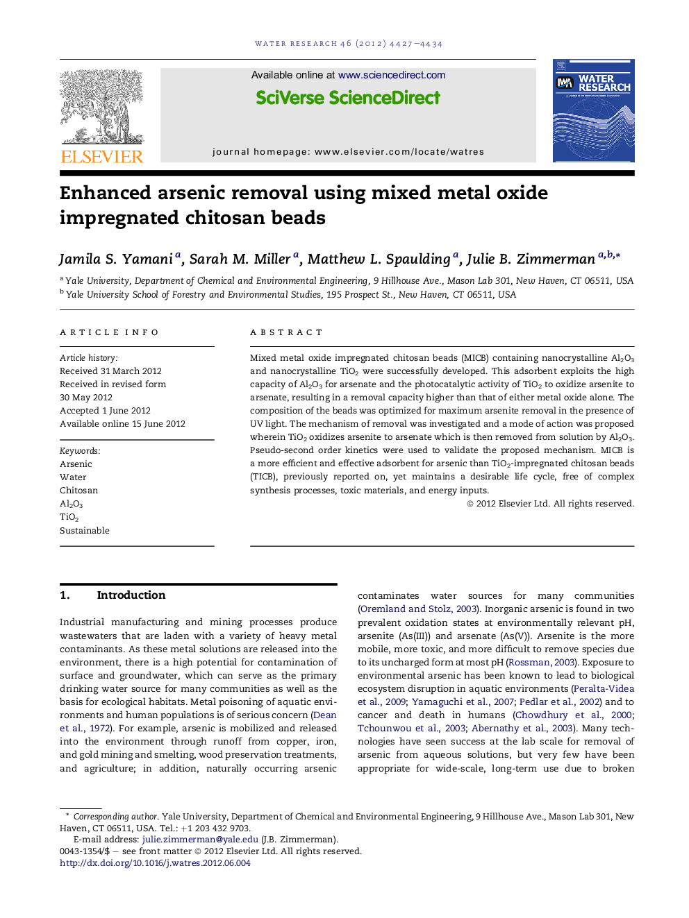 Enhanced arsenic removal using mixed metal oxide impregnated chitosan beads