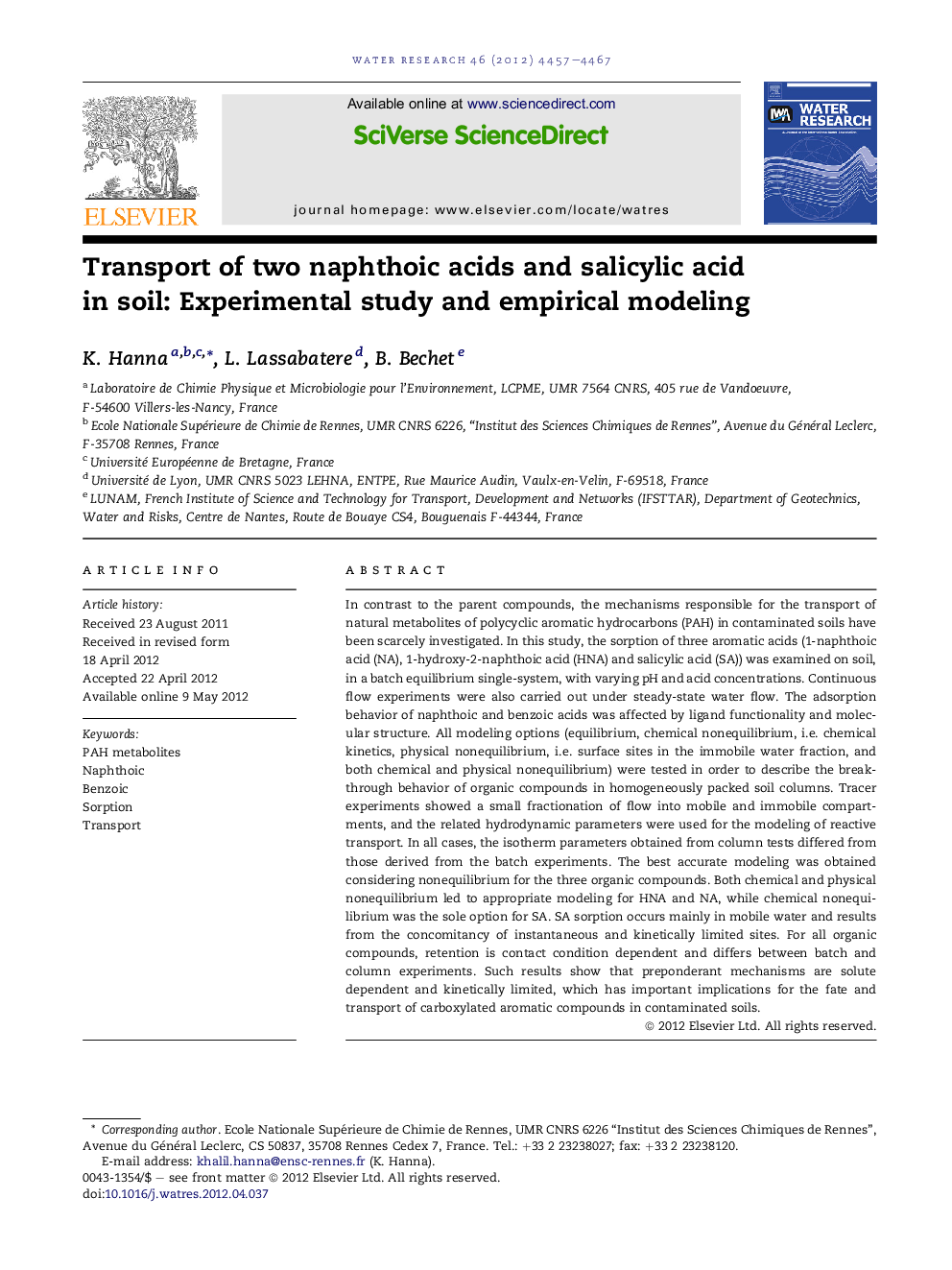 Transport of two naphthoic acids and salicylic acid in soil: Experimental study and empirical modeling