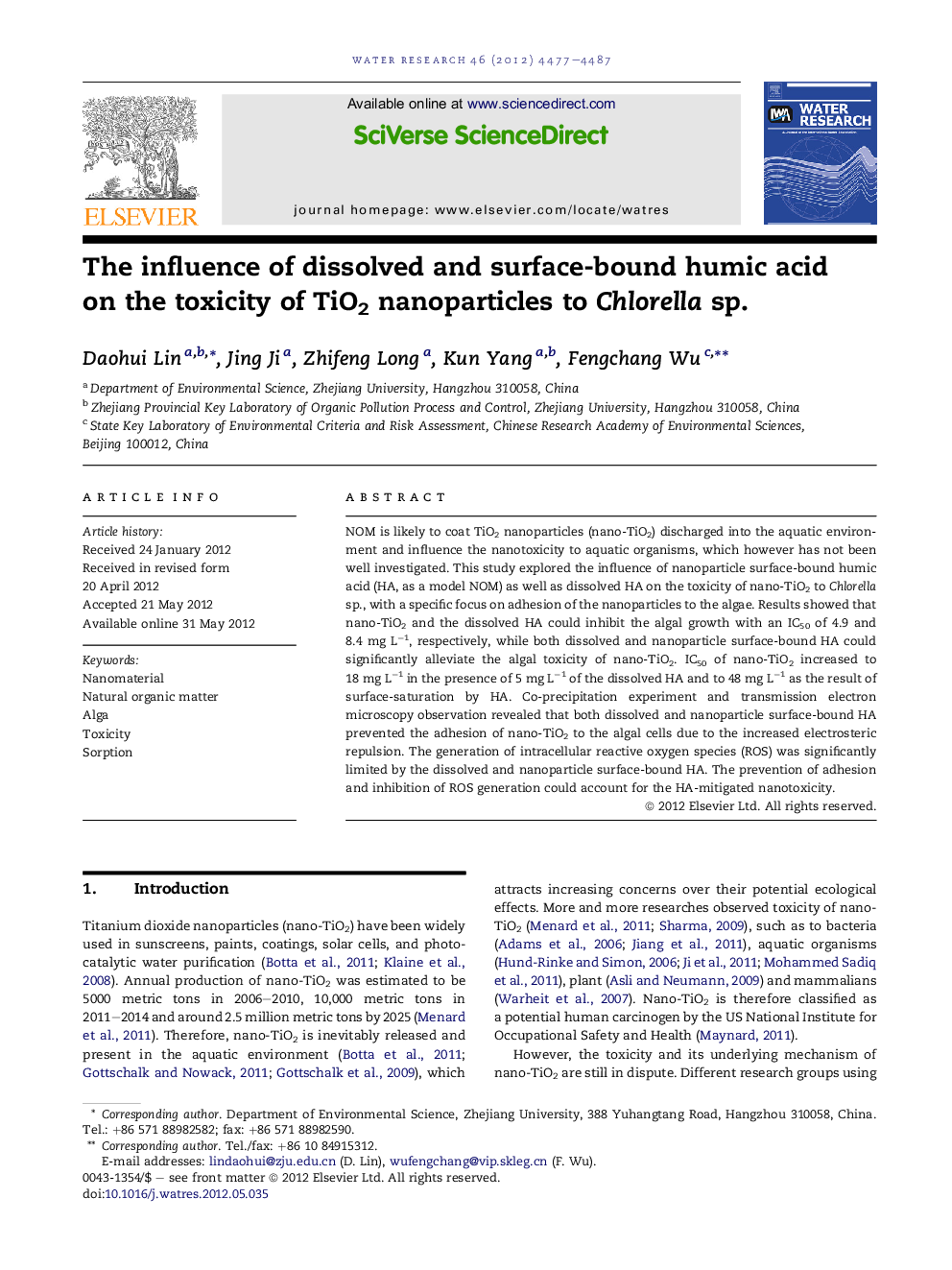 The influence of dissolved and surface-bound humic acid on the toxicity of TiO2 nanoparticles to Chlorella sp.