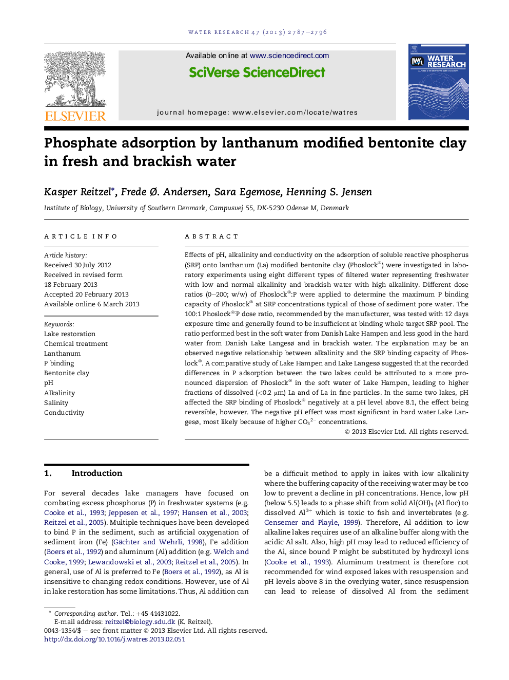 Phosphate adsorption by lanthanum modified bentonite clay in fresh and brackish water