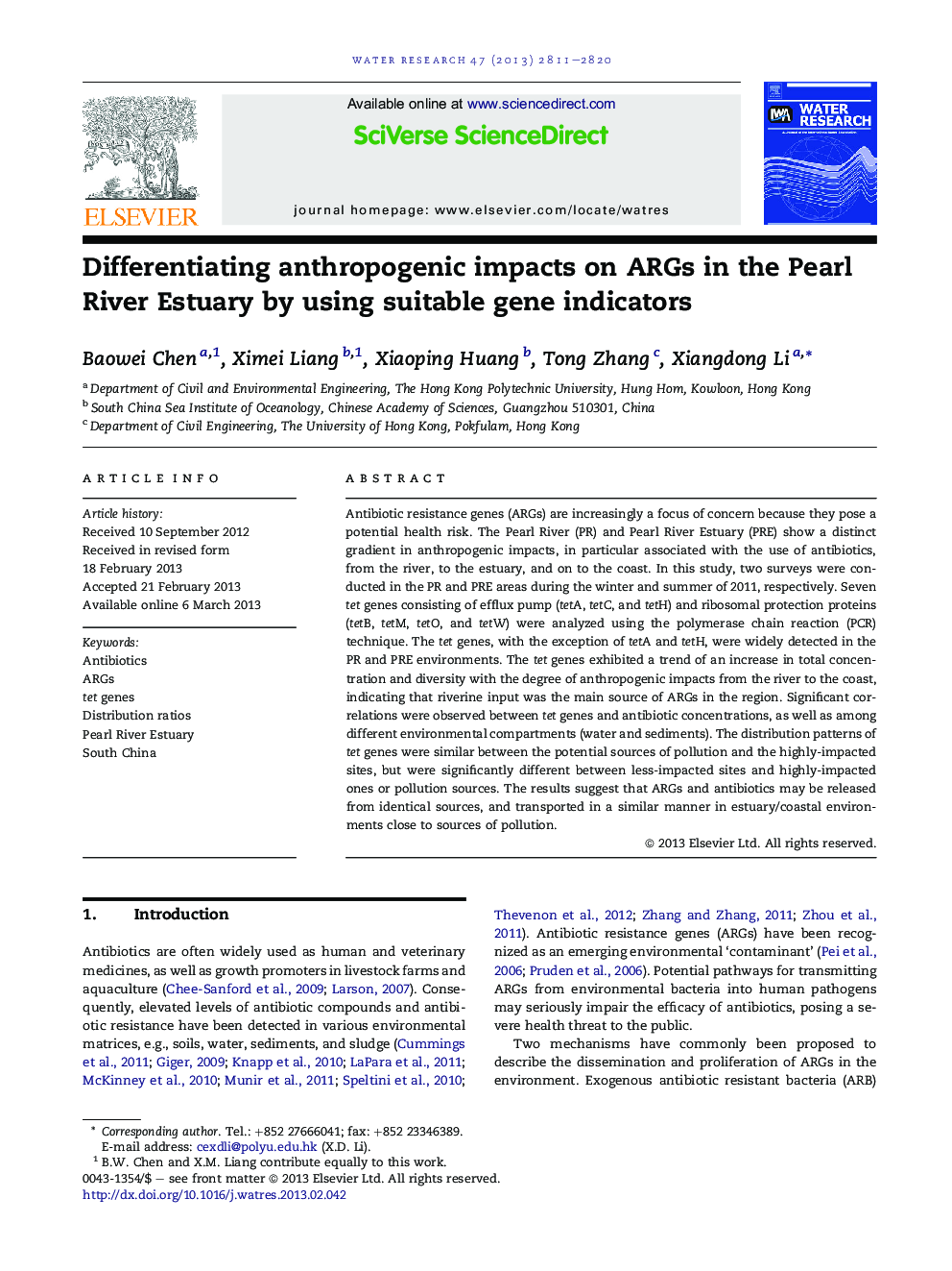 Differentiating anthropogenic impacts on ARGs in the Pearl River Estuary by using suitable gene indicators