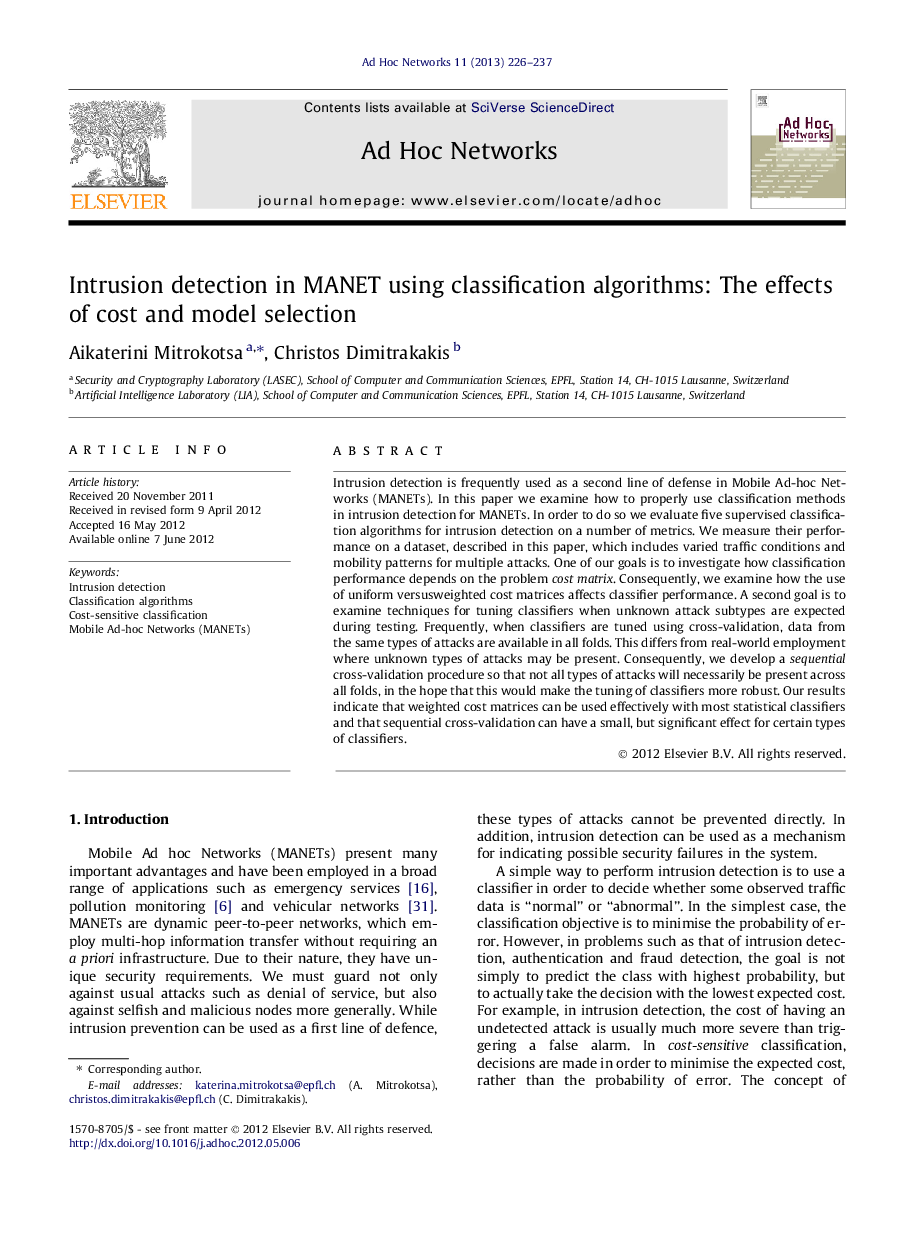 Intrusion detection in MANET using classification algorithms: The effects of cost and model selection