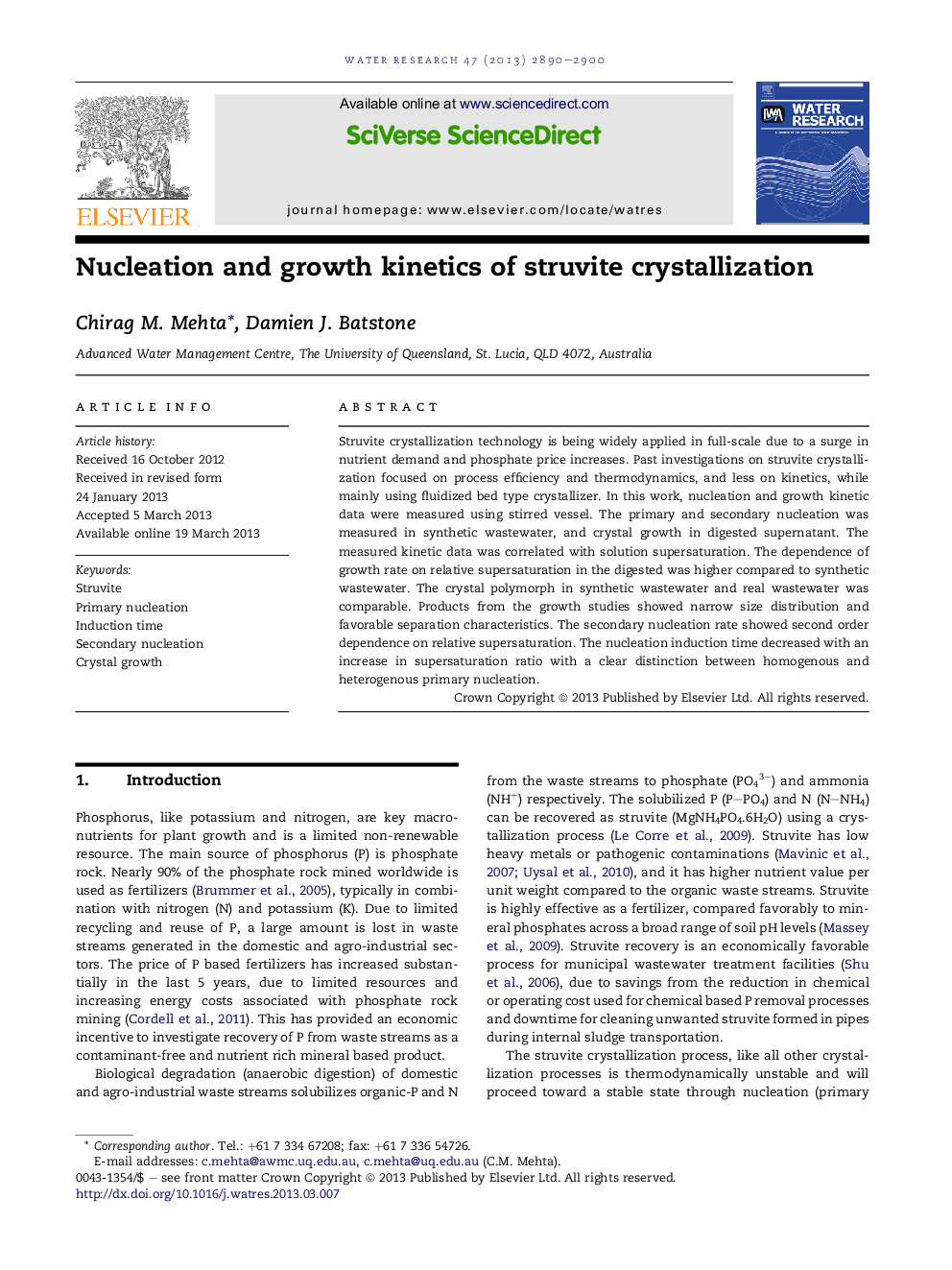 Nucleation and growth kinetics of struvite crystallization