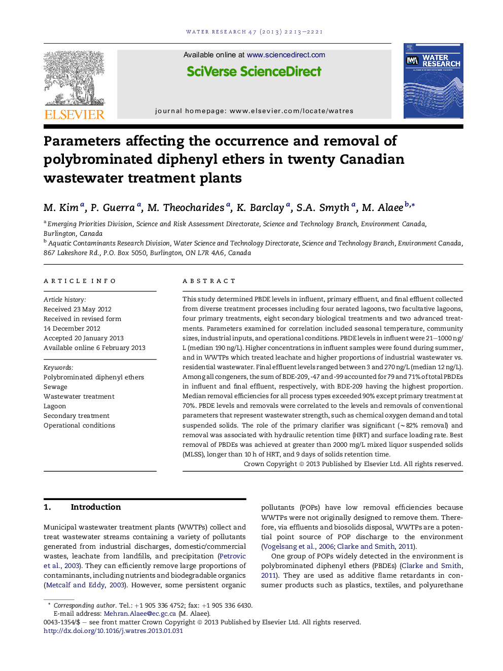 Parameters affecting the occurrence and removal of polybrominated diphenyl ethers in twenty Canadian wastewater treatment plants