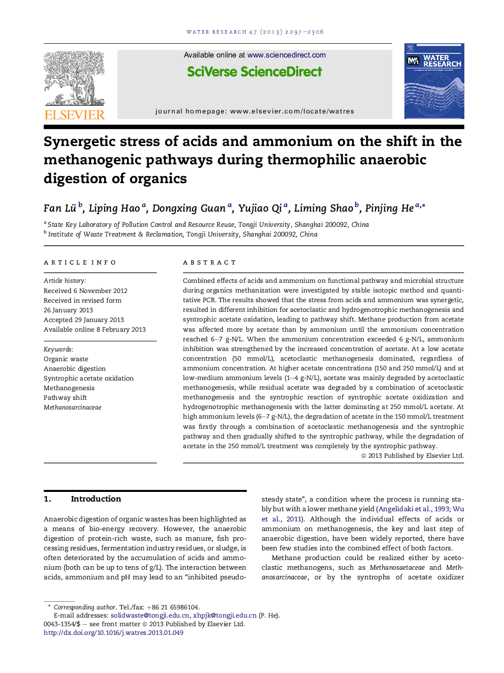 Synergetic stress of acids and ammonium on the shift in the methanogenic pathways during thermophilic anaerobic digestion of organics