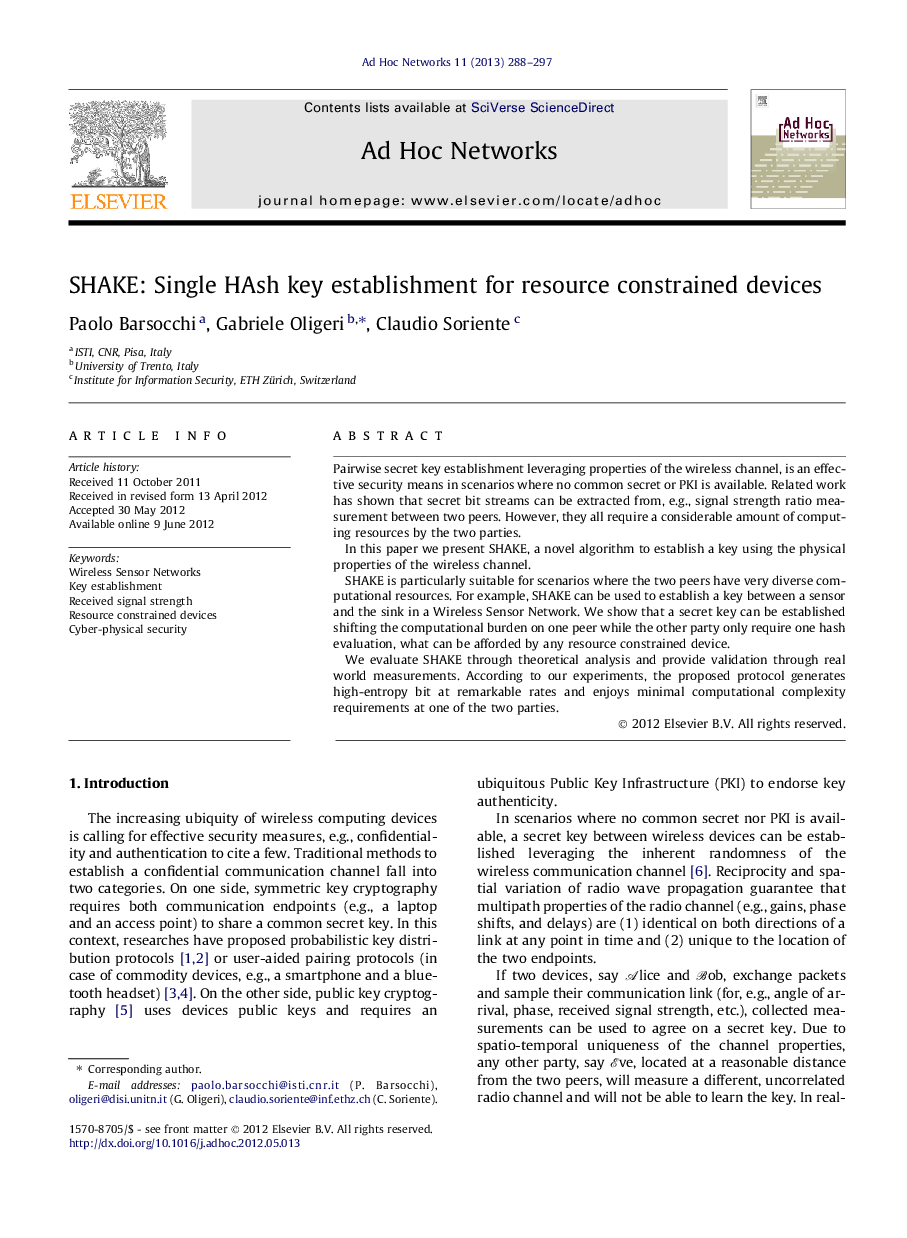 SHAKE: Single HAsh key establishment for resource constrained devices