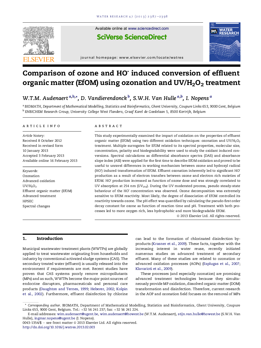 Comparison of ozone and HO induced conversion of effluent organic matter (EfOM) using ozonation and UV/H2O2 treatment