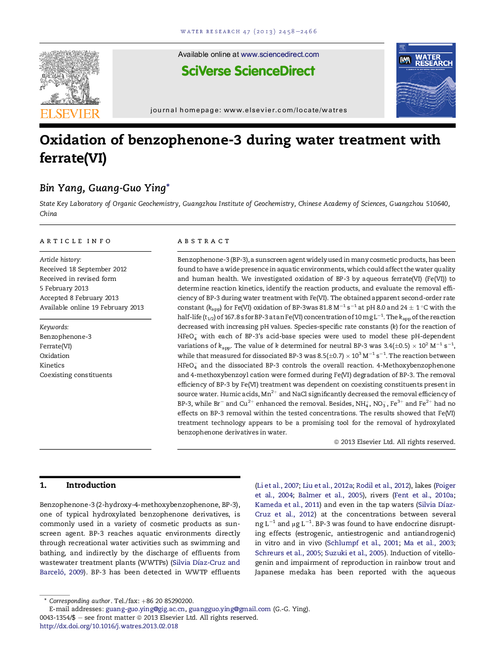 Oxidation of benzophenone-3 during water treatment with ferrate(VI)