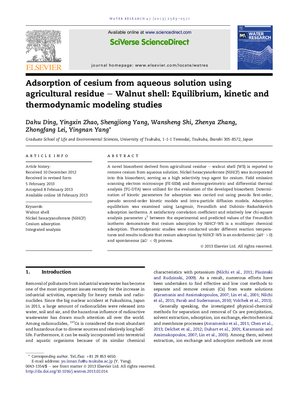 Adsorption of cesium from aqueous solution using agricultural residue – Walnut shell: Equilibrium, kinetic and thermodynamic modeling studies