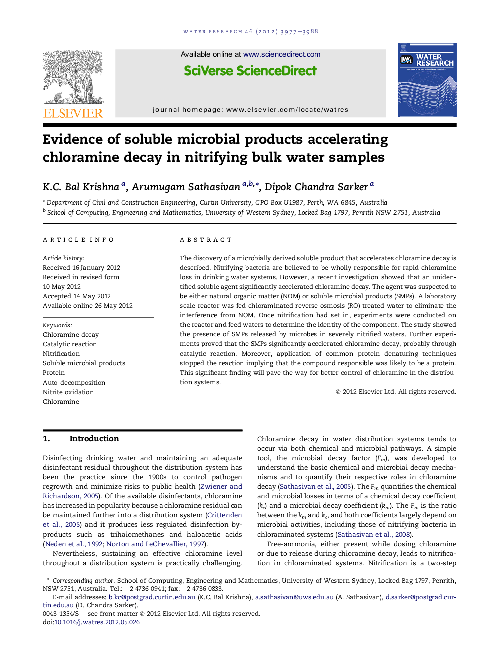 Evidence of soluble microbial products accelerating chloramine decay in nitrifying bulk water samples