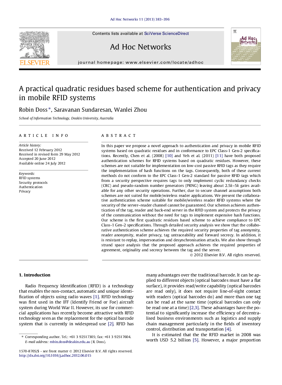 A practical quadratic residues based scheme for authentication and privacy in mobile RFID systems