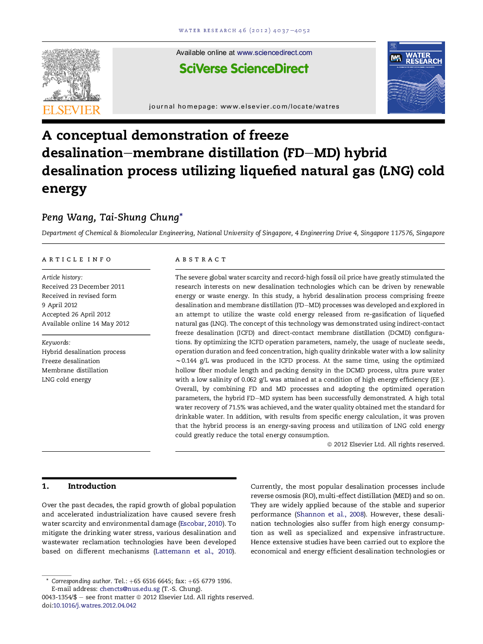 A conceptual demonstration of freeze desalination–membrane distillation (FD–MD) hybrid desalination process utilizing liquefied natural gas (LNG) cold energy