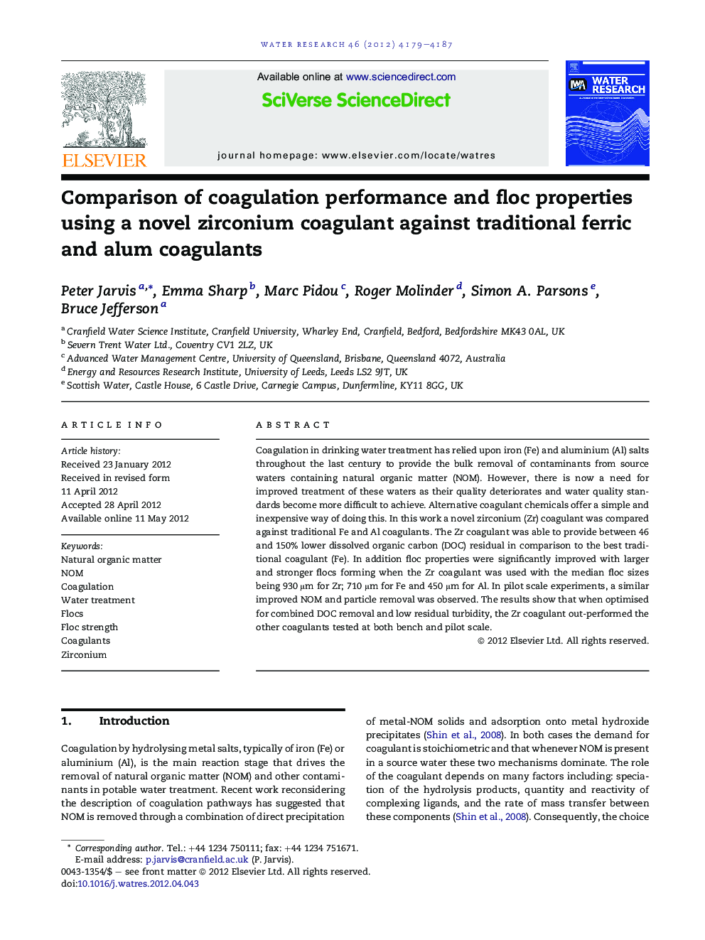 Comparison of coagulation performance and floc properties using a novel zirconium coagulant against traditional ferric and alum coagulants