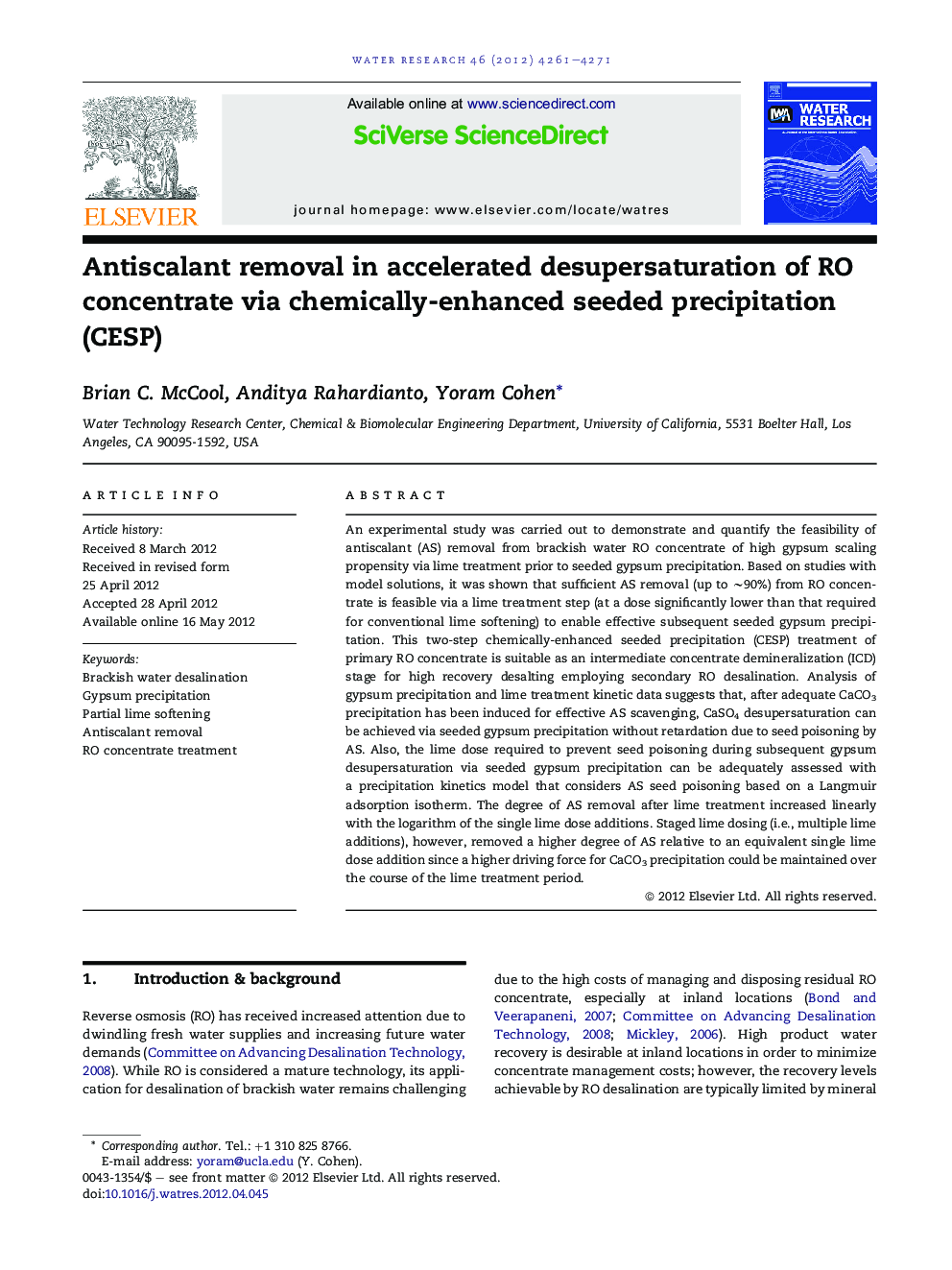 Antiscalant removal in accelerated desupersaturation of RO concentrate via chemically-enhanced seeded precipitation (CESP)